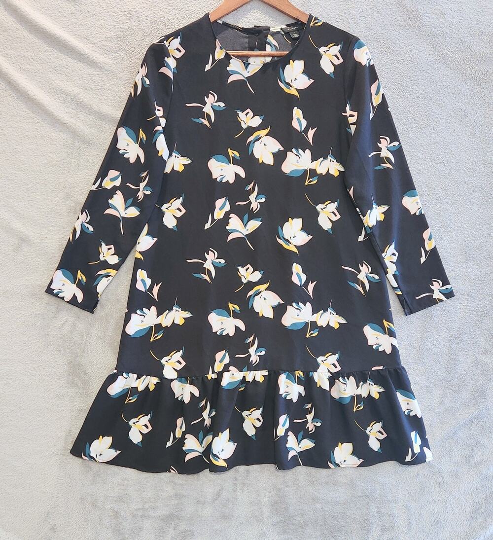Halogen Womens Black Floral Button Back Ruffle Hem Mini Dress Size Small Flowy